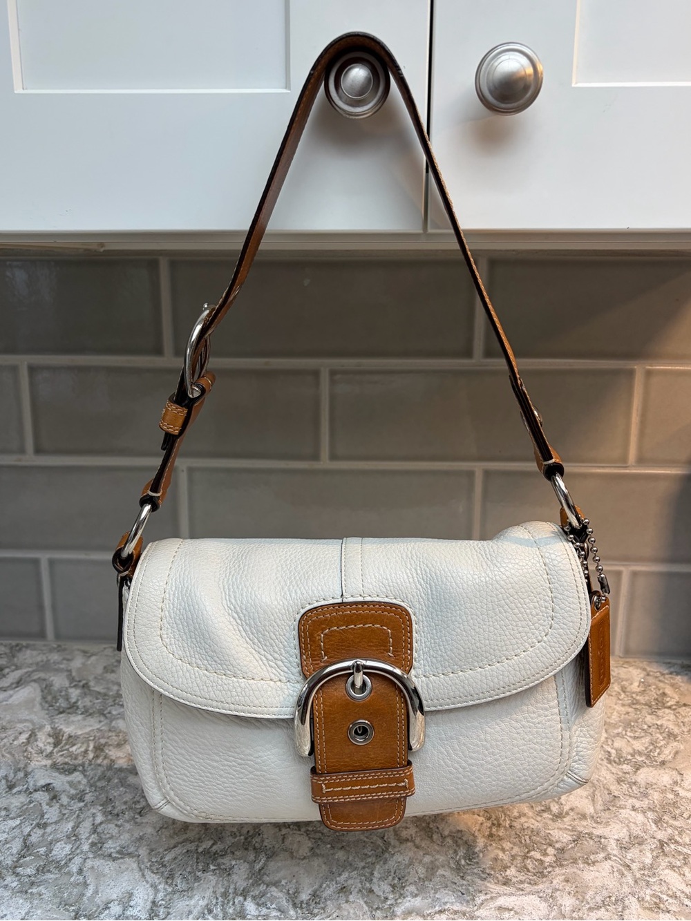 COACH Soho White Pebbled Leather Shoulder Bag with Tan Trim